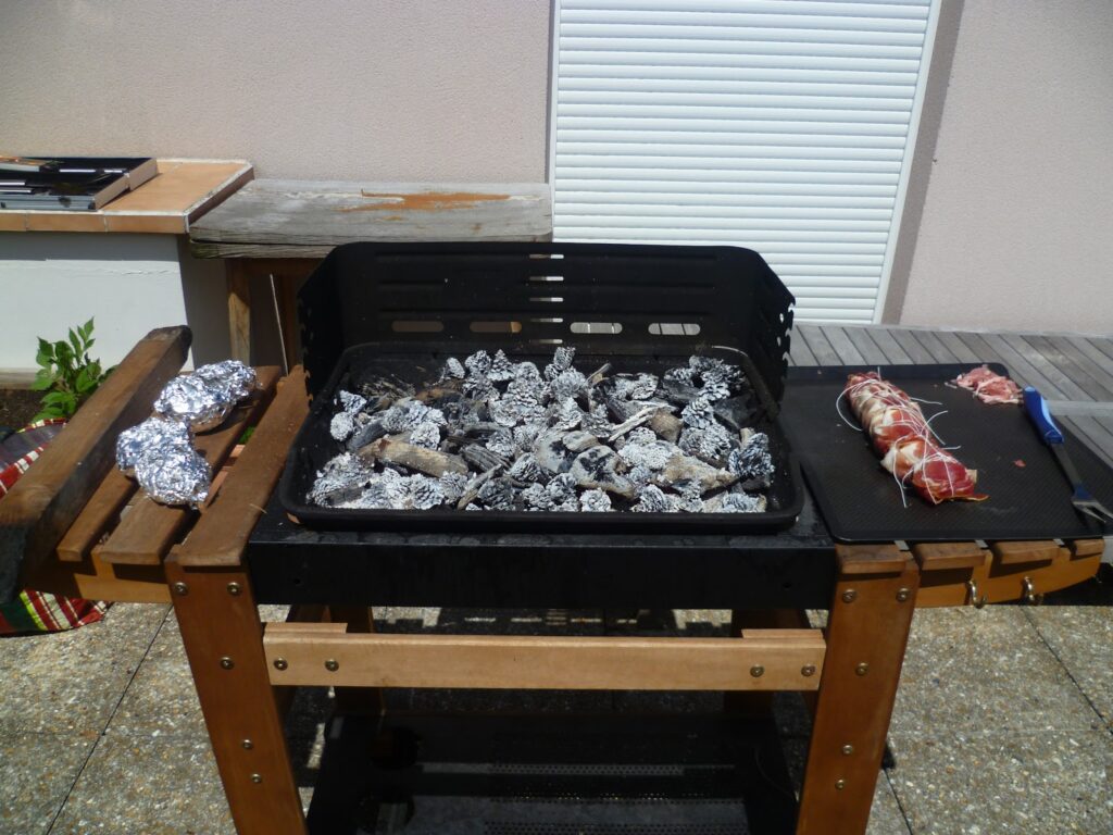 Filet mignon de porc au barbecue accompagné de pommes de terre cuites dans les braises
