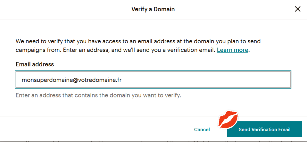 Pour vérifier votre Domaine dans Mailchimp, bien saisir une adresse mail de votre domaine !