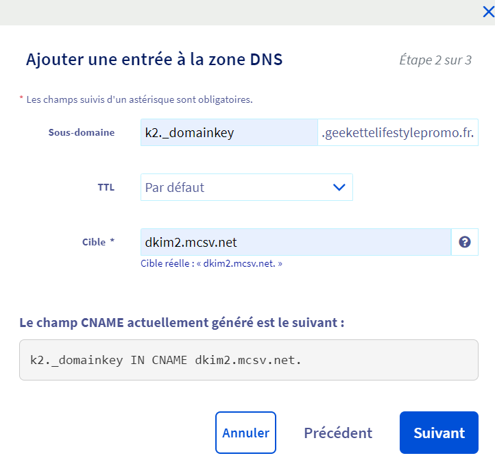 saisie une entré DNS CNAME dans OVH pour authentifier son domaine dans MailChimp